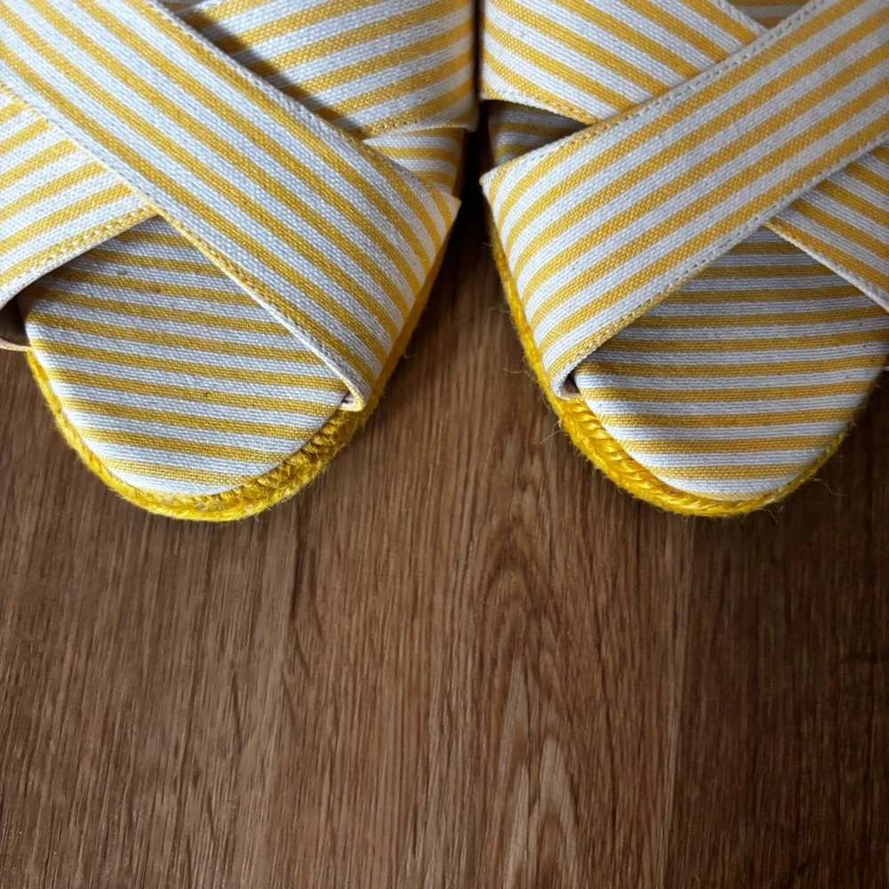 Stuart Weitzman Yellow and White Striped Espadrille Wedge Sandals Mirela - Picture 8 of 12